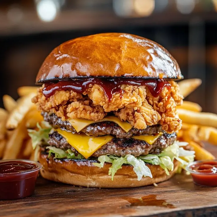 A9. Burger Double Mixed (Ayam+Sapi) Saus Barbeque